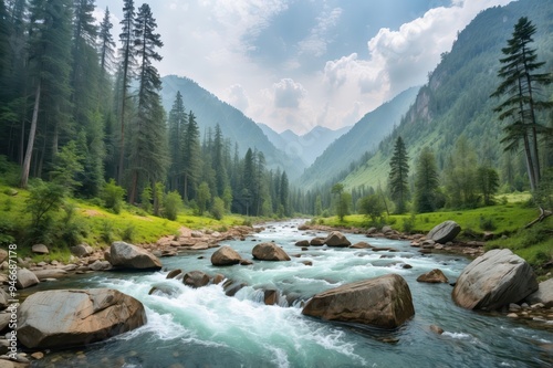 Mountain river flowing through lush forest valley 