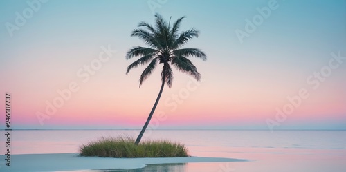 Minimalist tropical beach with a lone palm tree at sunset 