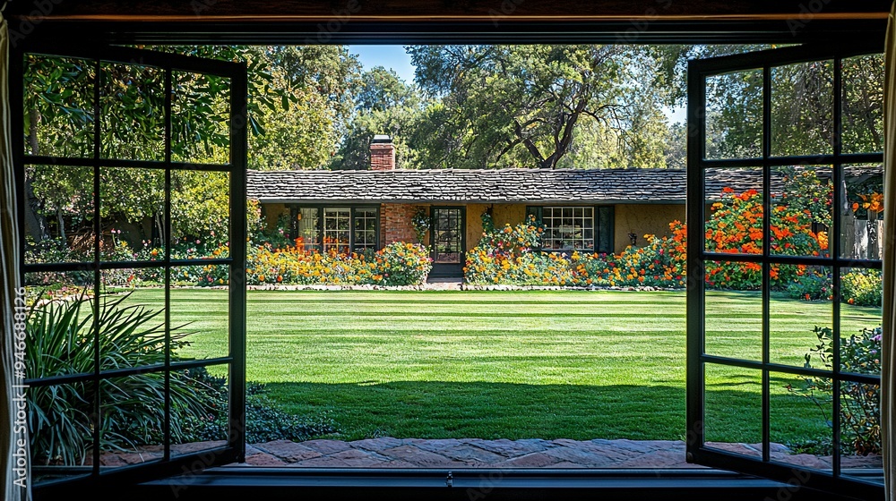 A clear picture of a house from its front door, showcasing the lush green lawn and surrounding trees A clear picture of a house from its front door, showcasing the lush green lawn and surrounding trees