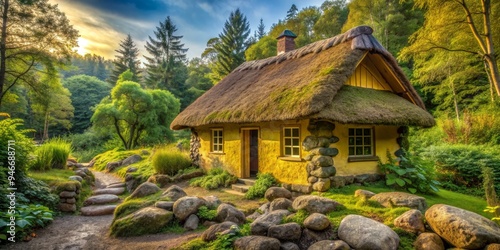 A Secluded Cottage Amidst the Lush Greenery, Wide Shot, Grassy Roof, Stone Path, Cottagecore, Cottagecore aesthetics, Fantasy Cottage