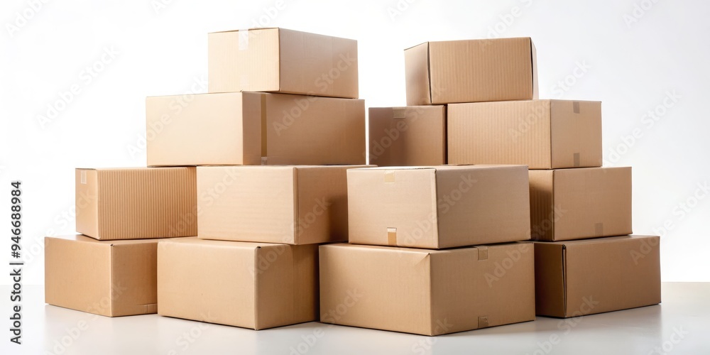 A Stack of Brown Cardboard Boxes on White Background, 10 boxes, stacked, brown, white, delivery, packaging A Stack of Brown Cardboard Boxes on White Background, 10 boxes, stacked, brown, white, delivery, packaging