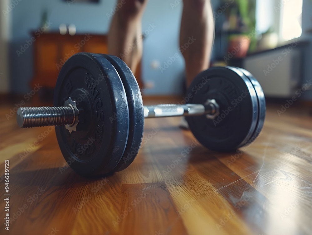 Naklejka premium Person preparing to lift a dumbbell in a well-lit home gym on a wooden floor during afternoon workout session