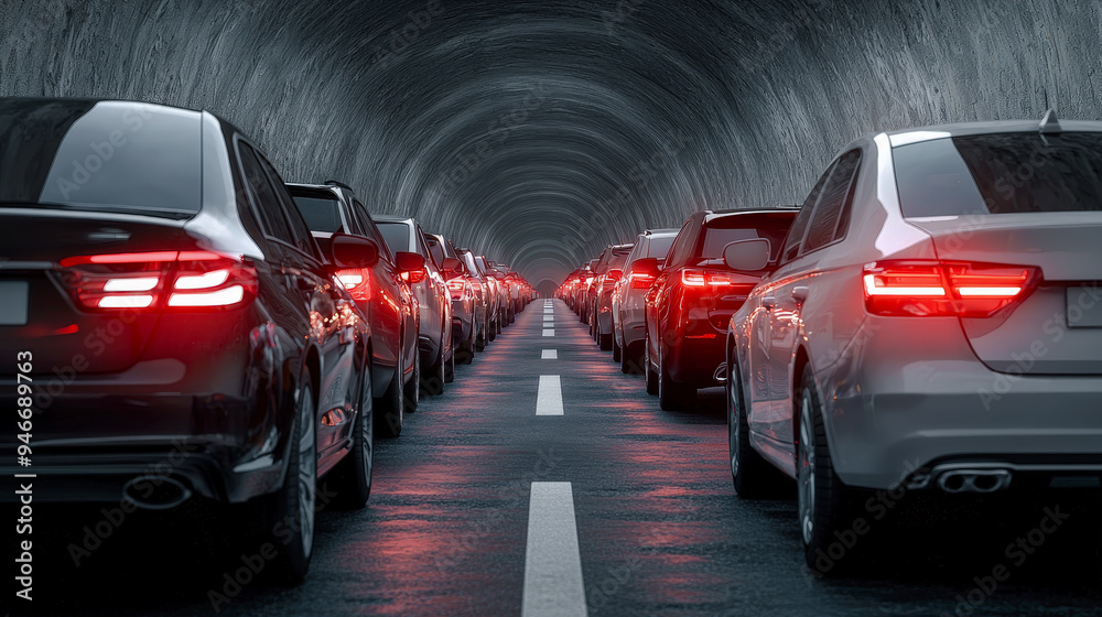 Obraz premium Endless Traffic Jam: A Long Line of Cars Stuck on the Highway Caused by a Construction Site Disrupting the Flow of Traffic Indefinitely