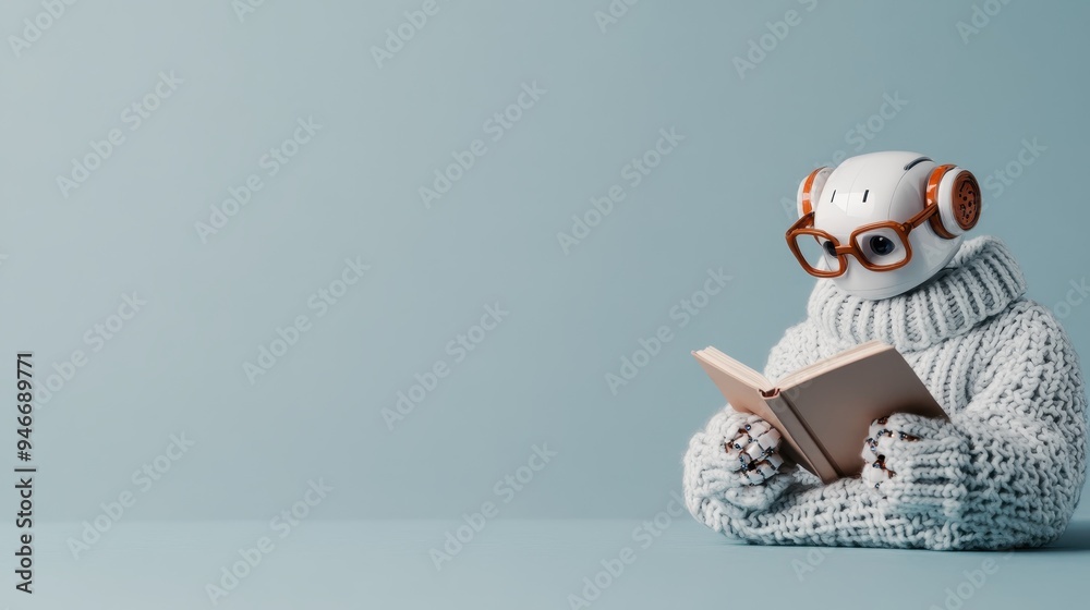 Obraz premium A futuristic robot, comfortably donned in a thick knit sweater, is seen peacefully reading a book against a plain background, combining elements of tech and tranquility.