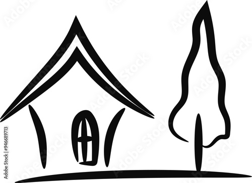 Hand-drawn illustration of a healthy living environment, House and tree icons