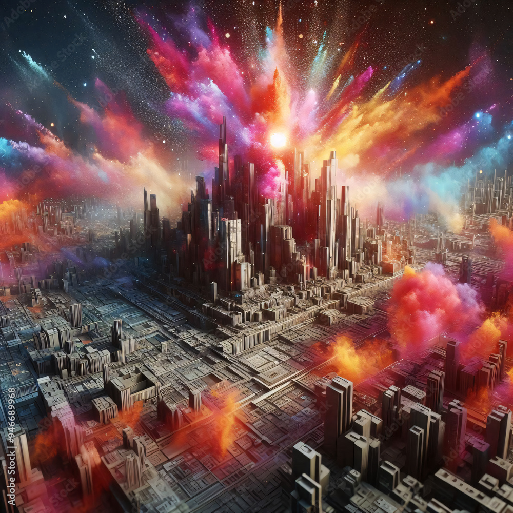 Obraz premium Vibrant cosmic cityscape blending with a starry nebula sky