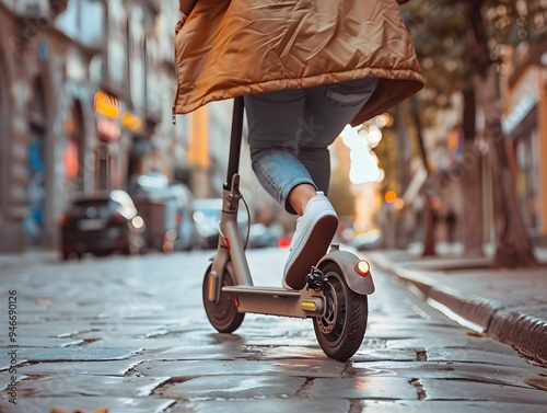 A person riding an electric scooter on a cobblestone street during golden hour in the city with buildings and blurred cars nearby photo