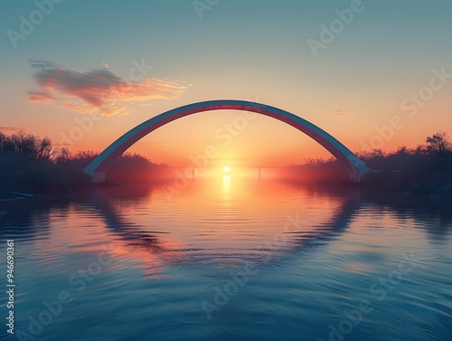 A tranquil sunset view over a river with a striking arch bridge reflecting in the calm waters during early evening hours