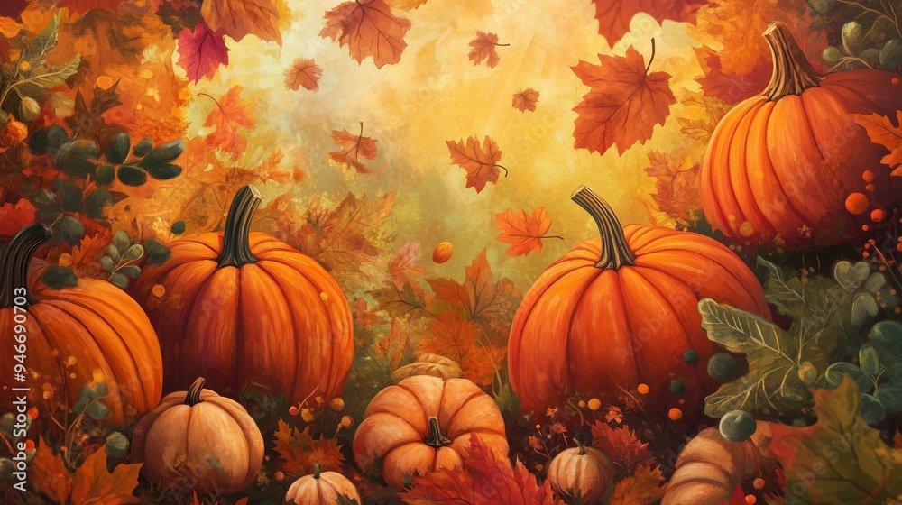 A Beautiful Autumn Landscape with Pumpkins and Falling Leaves A Beautiful Autumn Landscape with Pumpkins and Falling Leaves