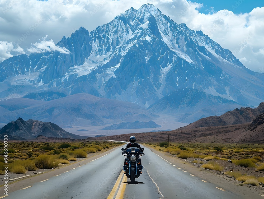 A motorcyclist rides along a winding road in the mountains under a clear blue sky during a sunny day A motorcyclist rides along a winding road in the mountains under a clear blue sky during a sunny day