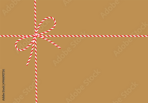 Kraft paper background, gift tied up with cotton red rope bakers twine bow and ribbons. Packing string for decoration, present, pastry boxes for New Year, Christmas. Vector EPS10	