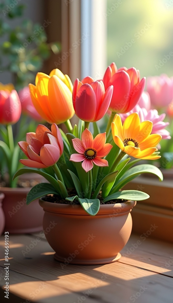  Colorful-cartoon flowers in pots including-tulips 