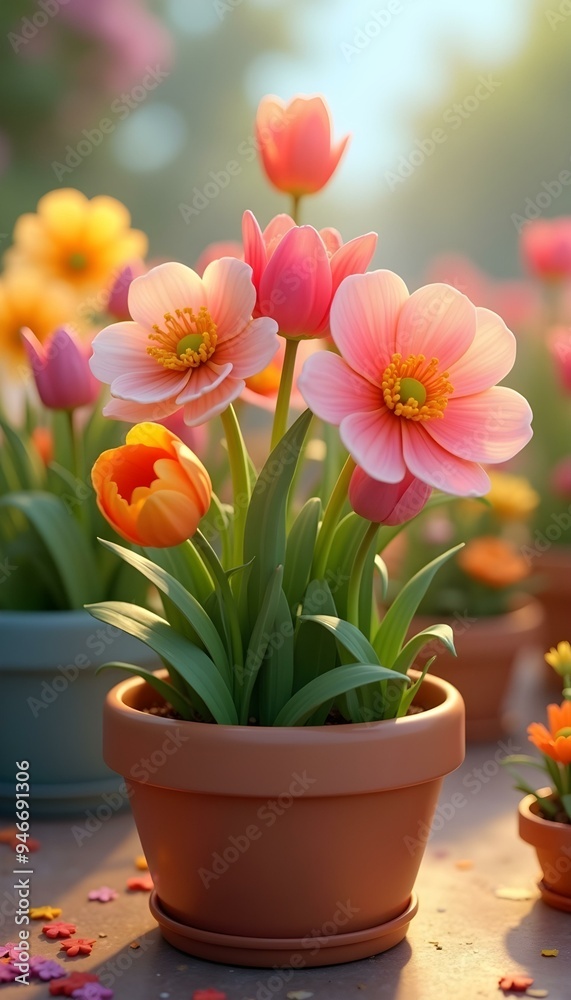 Colorful-cartoon flowers in pots including-tulips Colorful-cartoon flowers in pots including-tulips