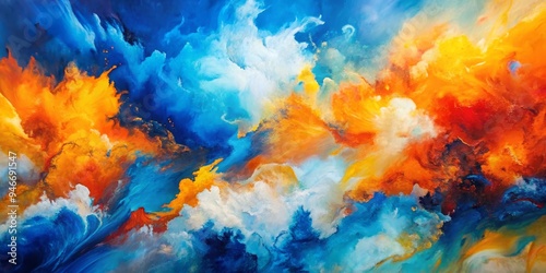 Abstract Cosmic Dance A Fusion of Blue, Orange, and White in Acrylic Paint, abstract art, color, space ,cosmic photo