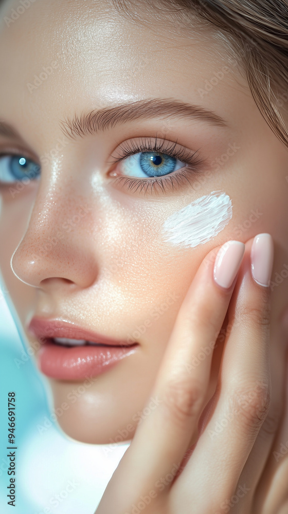 Young woman is delicately applying moisturizer to her face during a skincare routine Young woman is delicately applying moisturizer to her face during a skincare routine