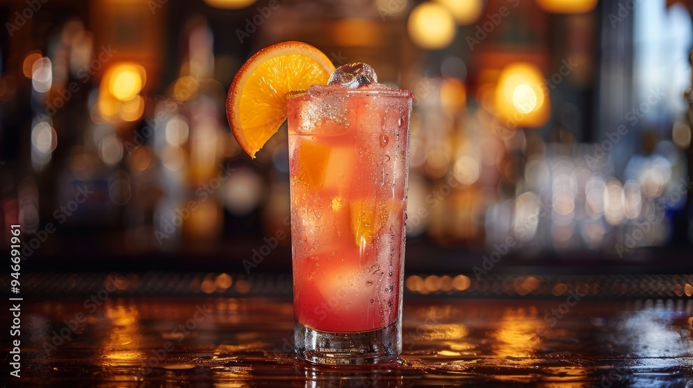 Refreshing cocktail garnished with orange slice at a lively bar during the evening hours Refreshing cocktail garnished with orange slice at a lively bar during the evening hours