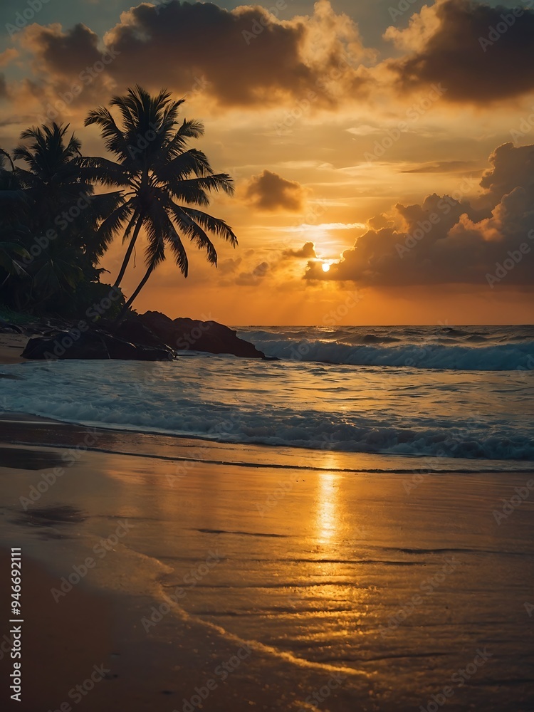 Sunset casting a warm glow over a tropical beach Sunset casting a warm glow over a tropical beach