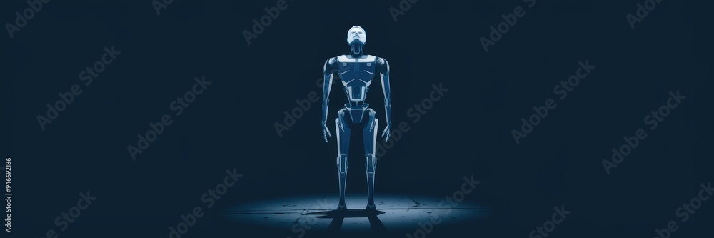 Illuminated silhouette of a humanoid robot in frontal perspective Illuminated silhouette of a humanoid robot in frontal perspective