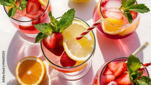 Close up view of summer fresh cocktails with strawberry, lemon and oranges, mint and straws isolated on white