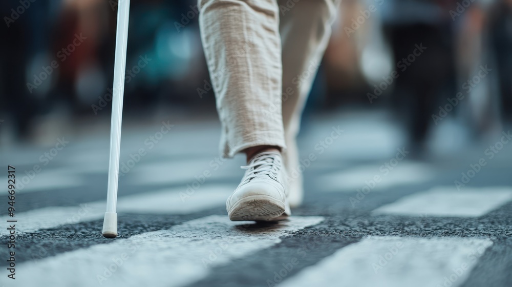 The image shows a person walking with a cane across a busy street, focusing on the legs and cane, capturing a sense of movement and determination in an urban setting. The image shows a person walking with a cane across a busy street, focusing on the legs and cane, capturing a sense of movement and determination in an urban setting.