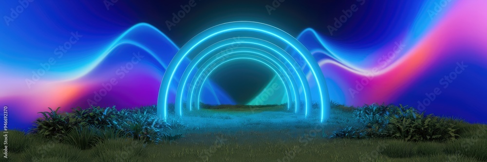 Neon Blue Framed Tunnel Animation in Lush Forest with Retro 80's Wavy Background Neon Blue Framed Tunnel Animation in Lush Forest with Retro 80's Wavy Background