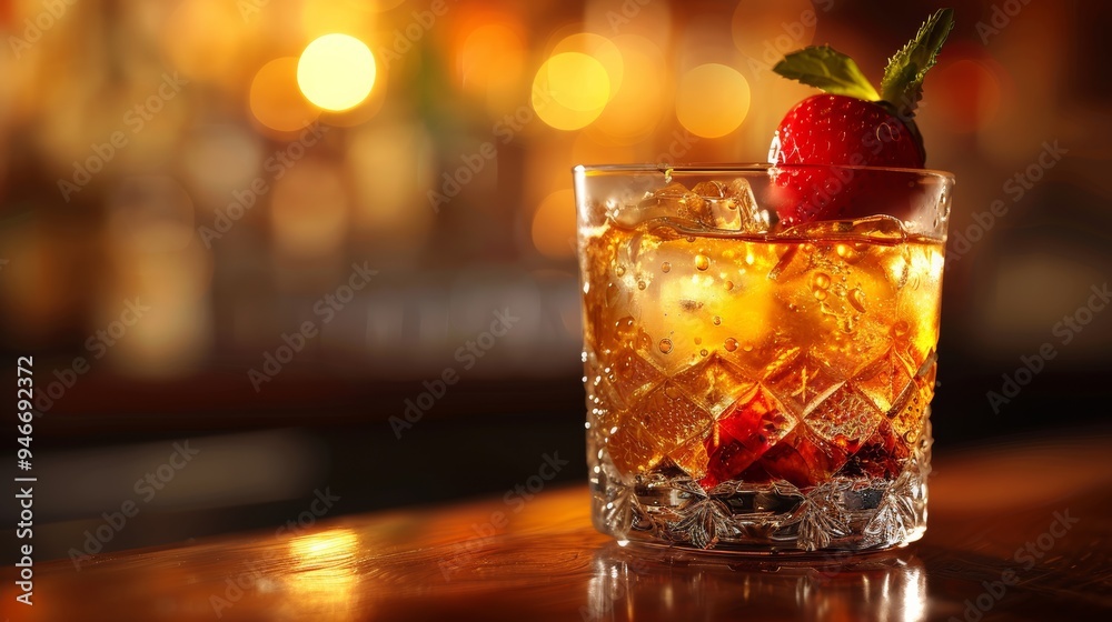 A refreshing cocktail served in a crystal glass garnished with fresh mint and strawberry at a vibrant bar during the evening A refreshing cocktail served in a crystal glass garnished with fresh mint and strawberry at a vibrant bar during the evening