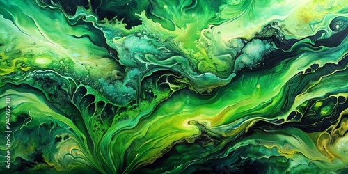 Abstract Green Swirls of Fluid Acrylic Paint, Abstract, Painting, Acrylic photo