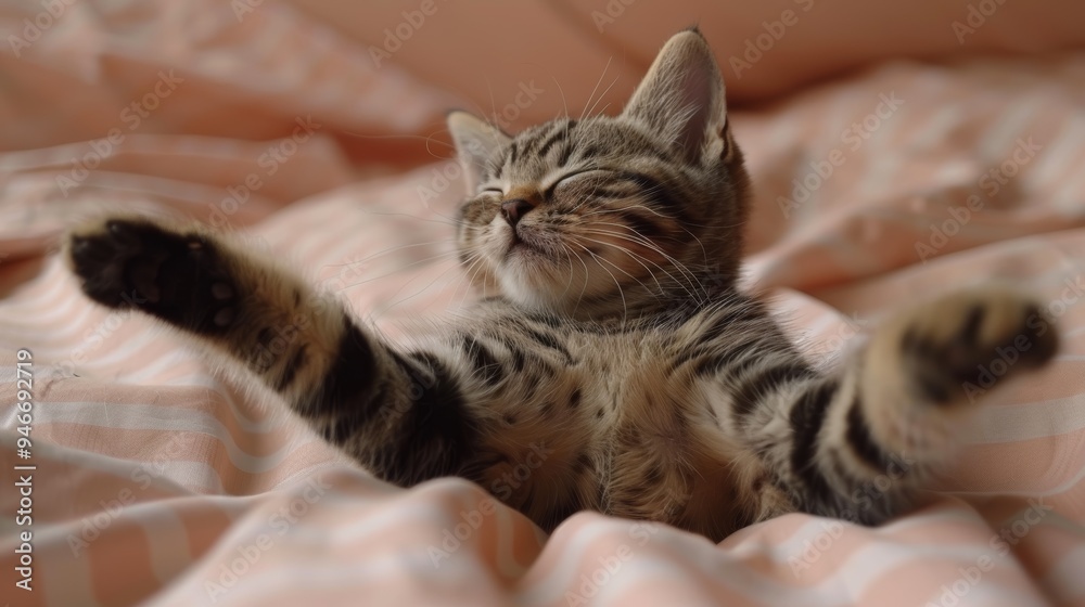 A playful kitten stretches out comfortably on a cozy blanket in a sunlit room during a peaceful afternoon A playful kitten stretches out comfortably on a cozy blanket in a sunlit room during a peaceful afternoon