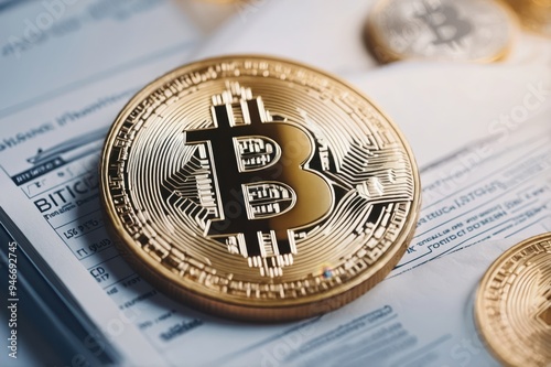 Closeup of physical Bitcoin on financial document
 photo