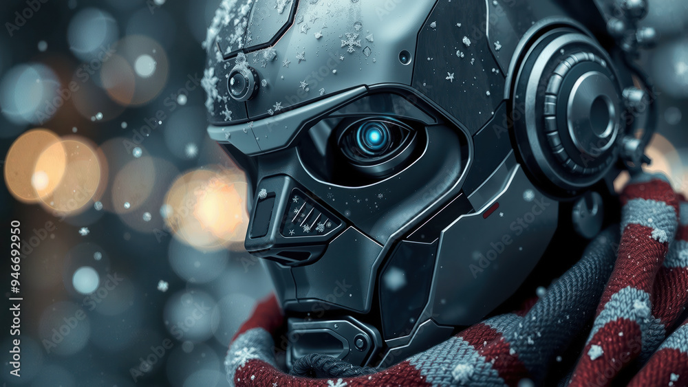 Robot wearing winter gear in a snowy festive scene Robot wearing winter gear in a snowy festive scene