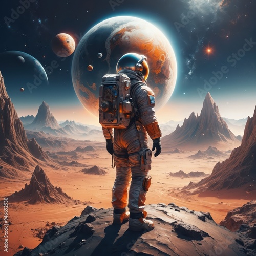 Astronaut exploring alien planet with giant orange planet in sky 