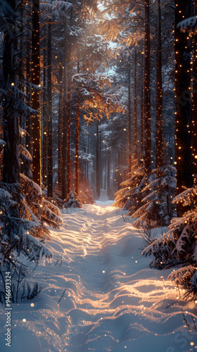 scenery with snow covered glade among fir forest at night