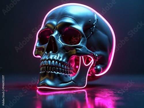 3D rendered skull with glowing neon accents