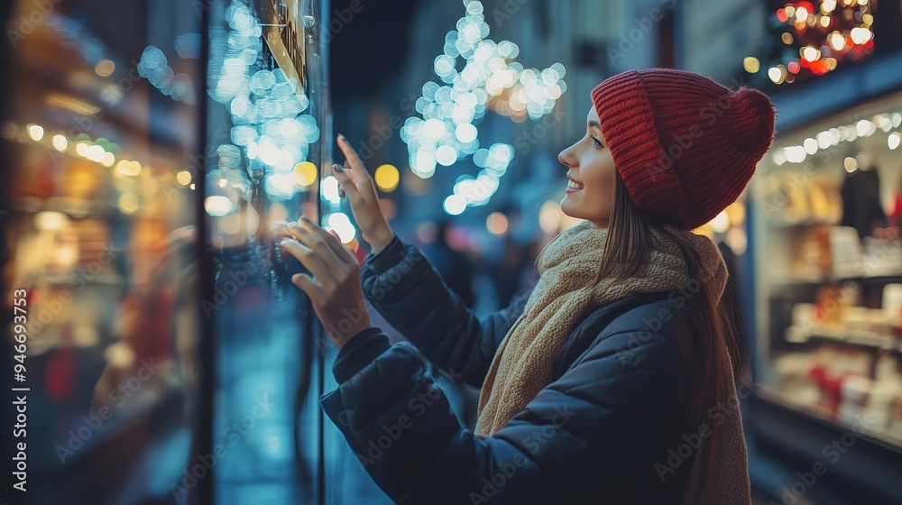 A woman in a red beanie and scarf admires festive window displays filled with holiday lights and decorations in a lively street at night A woman in a red beanie and scarf admires festive window displays filled with holiday lights and decorations in a lively street at night