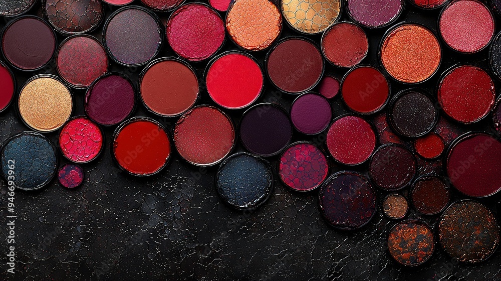 A photo of various-colored eyeshades on a dark background, centered around two eye shadows A photo of various-colored eyeshades on a dark background, centered around two eye shadows