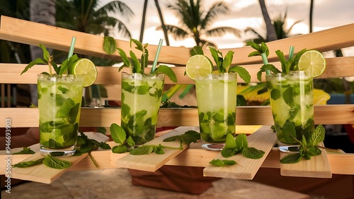 Mojito drinks served on wooden planks