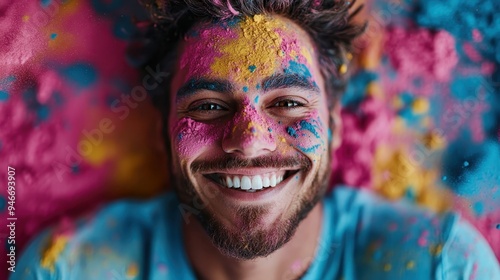 A man is lying down, joyfully covered with colorful paint, conveying a sense of exuberance and playful creativity in a vibrant and energetic atmosphere. photo