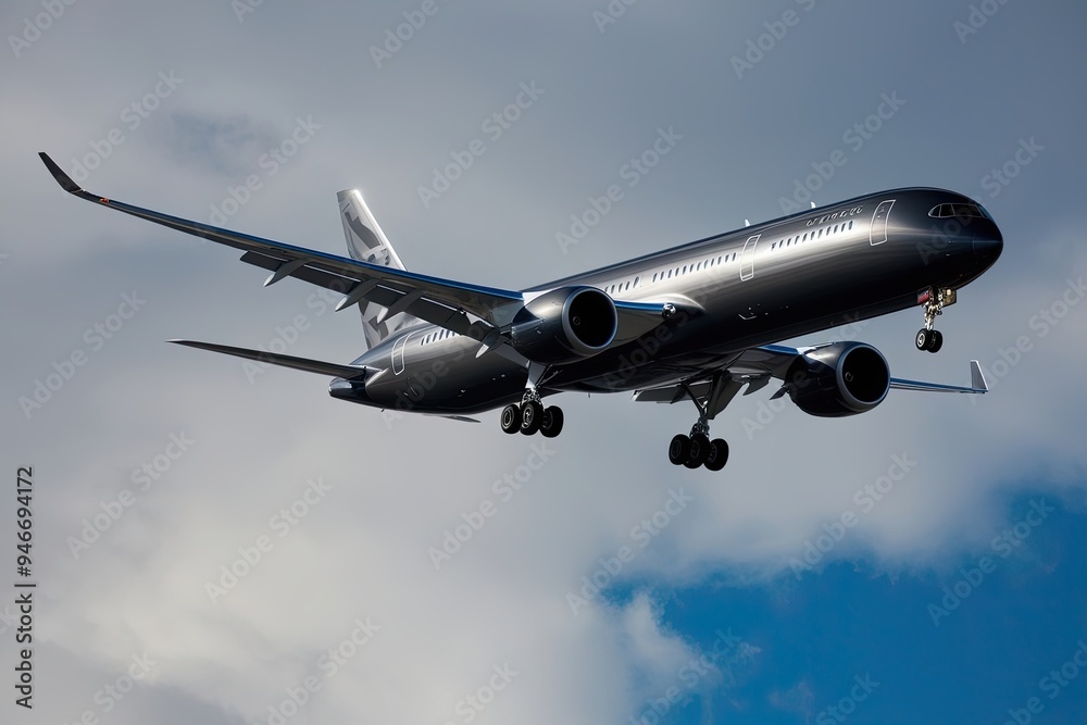 High-Tech Graphite Commercial Jet in Dramatic Ascent on White Backdrop High-Tech Graphite Commercial Jet in Dramatic Ascent on White Backdrop
