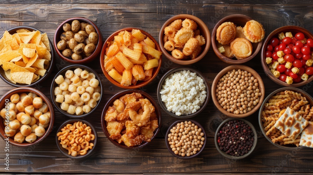 A colorful array of snacks displayed in bowls on a rustic wooden table for a gathering or celebration event A colorful array of snacks displayed in bowls on a rustic wooden table for a gathering or celebration event