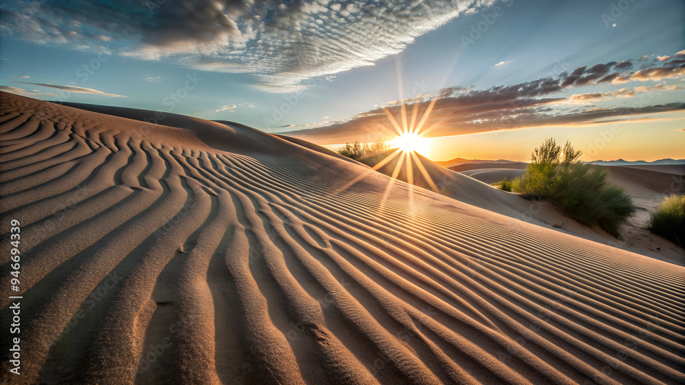 Naklejka premium A wide shot of the sun setting behind a sweeping desert dune, casting long shadows