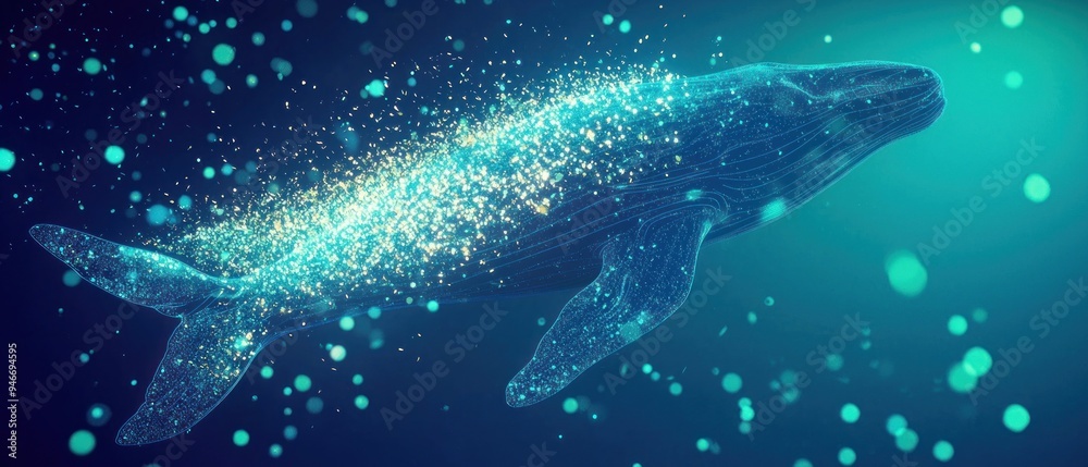 A Wireframe Whale with Glittering Particles in Deep Blue Water