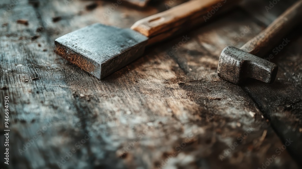 An assortment of old, well-used rusty tools is lying on a worn wooden workbench, showcasing the textures and wear from years of use, perfect for vintage or craftsmanship themes.