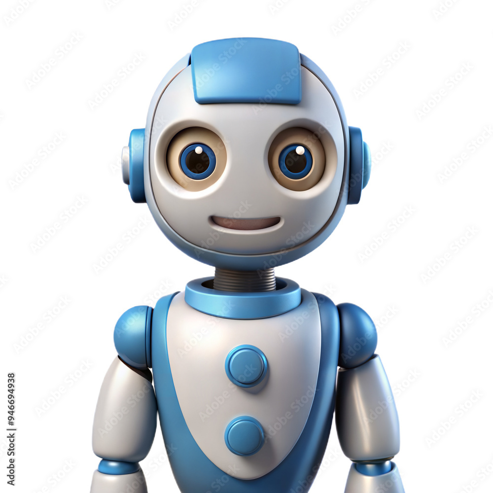 Friendly Blue And White Robot With Big Eyes Looking At Camera Friendly Blue And White Robot With Big Eyes Looking At Camera