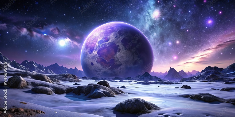 Alien Planet Landscape with Snowy Mountains and a Giant Purple Planet, digital art, purple, space, fantasy ,alien planet, space exploration Alien Planet Landscape with Snowy Mountains and a Giant Purple Planet, digital art, purple, space, fantasy ,alien planet, space exploration