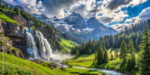 Alpine Waterfall and Mounta...