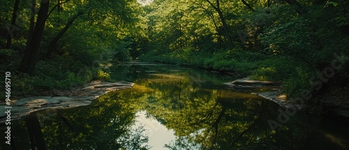 Tranquil Stream Reflecting Lush Forest Canopy