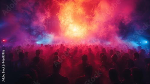 Crowd gathers at an electrifying music festival with vibrant lights and smoke effects in the evening atmosphere photo