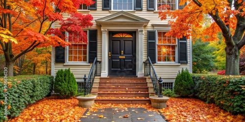 Autumnal Front Door Framed by Vibrant Foliage, Yellow House, Black Door, Fall Colors , autumn , house , fall foliage