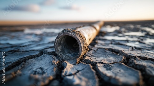 This image portrays a close-up view of a weathered metal pipe lying on cracked, parched earth, bringing into focus themes of environmental neglect and water scarcity. photo