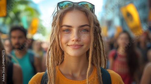 Smiling Woman in Crowd: A young woman with long blonde dreadlocks and blue eyes smiles confidently in a crowded urban setting, her relaxed expression and casual attire radiating a carefree spirit. 